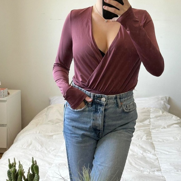 Burgundy long sleeve wrap bodysuit - Picture 7 of 8